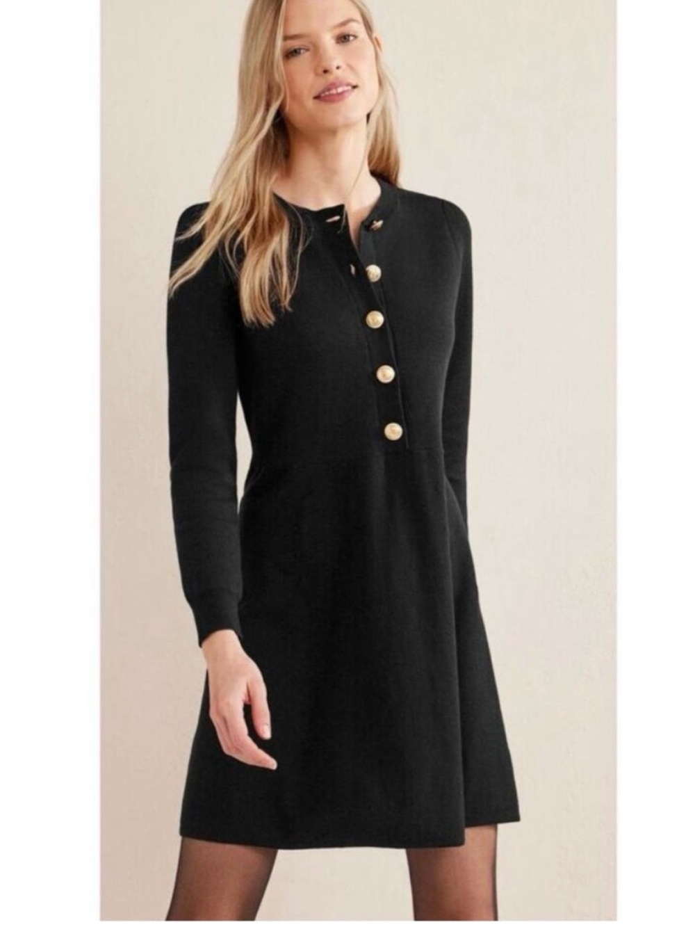New BODEN sweater dress black knit gold anchor buttons size 10L / 10 long